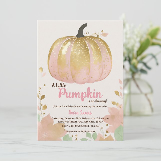 Fall rosa Kürbis-Babydusche Goldkürbis Einladung (Stehend Vorderseite)