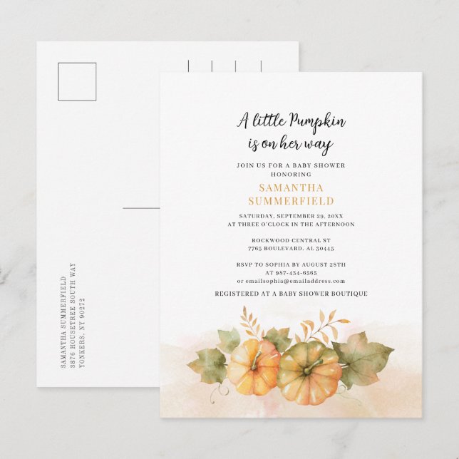 Fall Rust Blätter Kleine Pumpkin Girl Babydusche Einladungspostkarte (Vorne/Hinten)