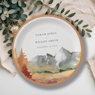Fall Rust Orange Mountain Trees Foliage Hochzeit Pappteller