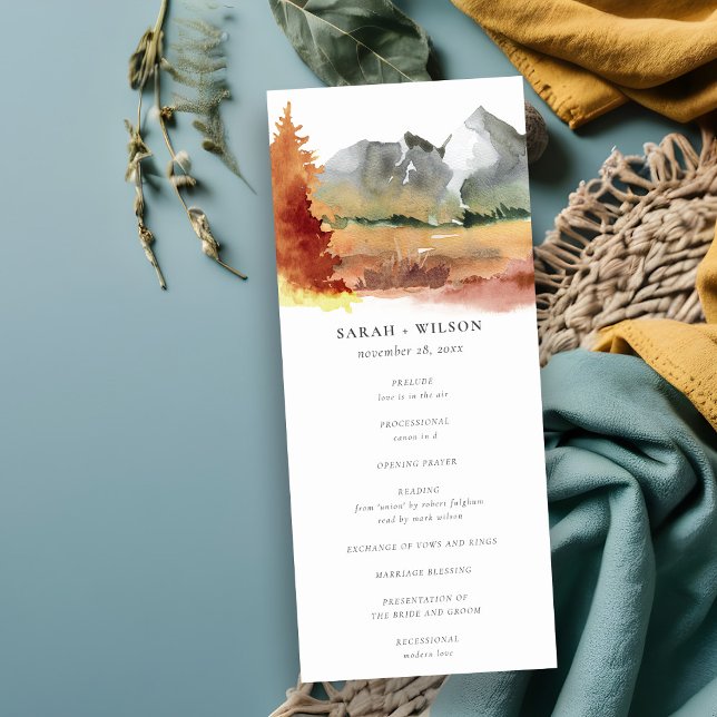 Fall Rust Orange Mountain Trees Wedding Program Einladung (Von Creator hochgeladen)