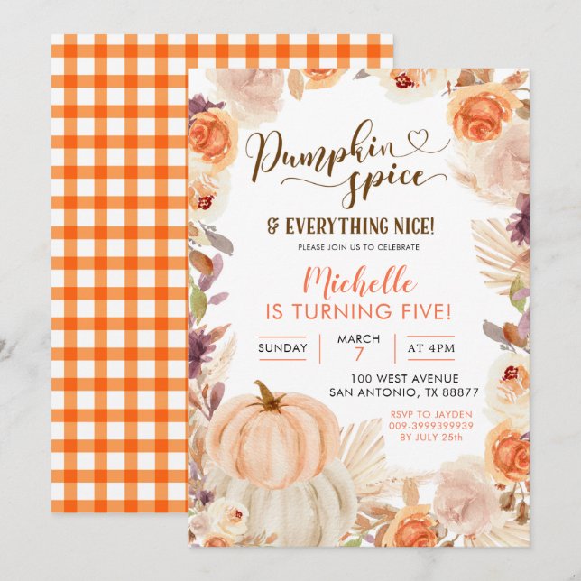 Fall Rustic Boho Pumpkin Gewürz und alles Nizza Einladung (Vorne/Hinten)