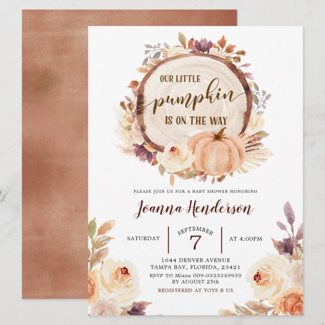 Fall Rustic Boho Woodland Pumpkin Baby Dusche Einladung (Vorne/Hinten)