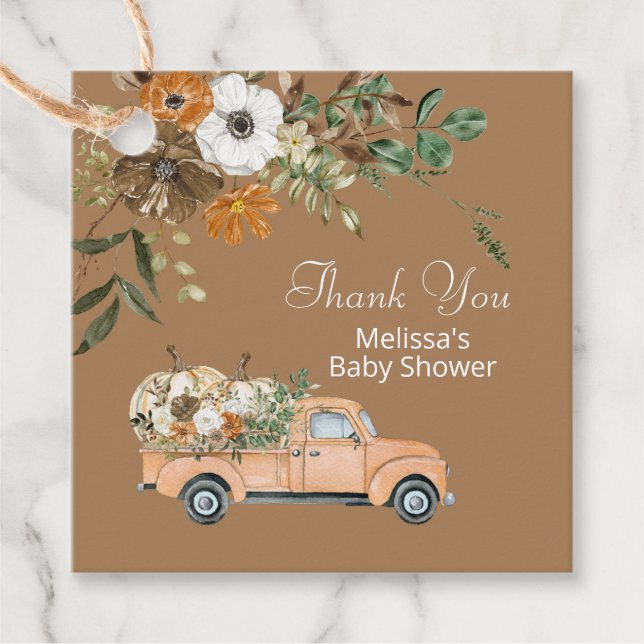 Fall rustic brown floral pumpkin thank you geschenkanhänger (Vorderseite)