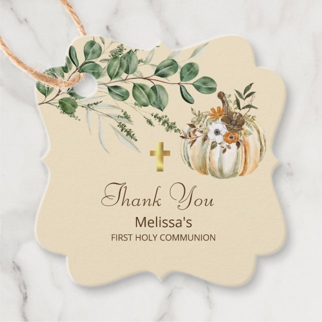 Fall Rustic Brown Greenery First Holy Communion Geschenkanhänger (Vorderseite)