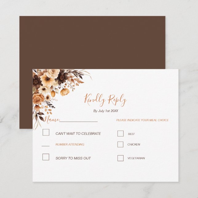 Fall Rustikale Braun und Elfenbeinküste Rose Hochz RSVP Karte (Vorne/Hinten)