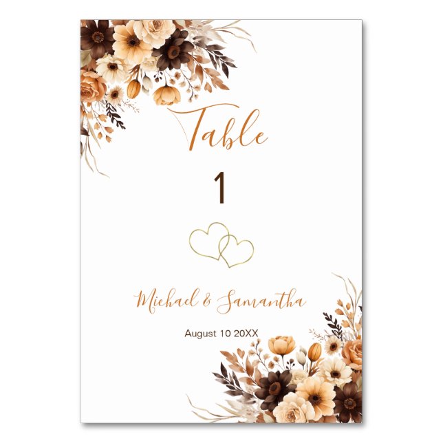 Fall Rustikale Braun und Elfenbeinküste Rose Hochz Tischnummer (Vorderseite)
