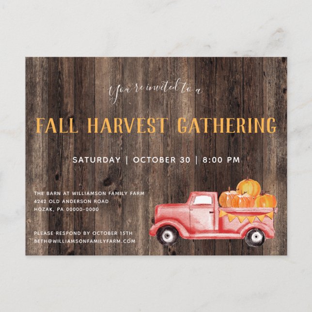 Fall Rustikale Pick Up Pumpkins Fall Party Einladu Einladungspostkarte (Vorderseite)