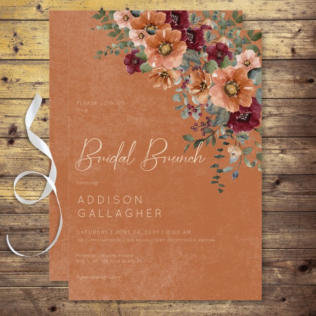 Fall Rustikaler Rust & Wein Blumenkohl Brunch Einladung (Fall Rustic Rust & Wine Floral Bridal Brunch Invitation)