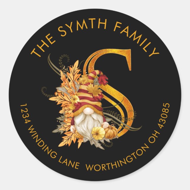 Fall-Saison-Gnome-Monogram-Letter-S-Adresse Runder Aufkleber (Vorderseite)