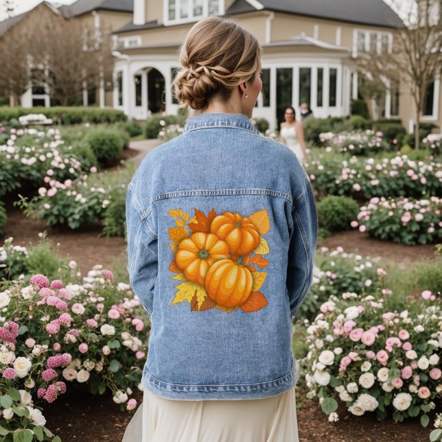 Fall Saison Halloween Pumpkins Muster Jeansjacke (Hochzeit Rückseite)