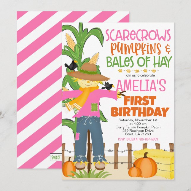 Fall Scarecrow Pumpkin Girl Geburtstag Einladung (Vorne/Hinten)