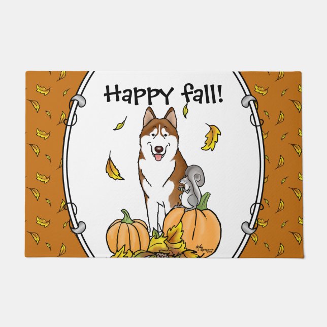 Fall Sibirischer Husky (rot) Pumpkins Blätter Nied Fußmatte (Vorderseite)