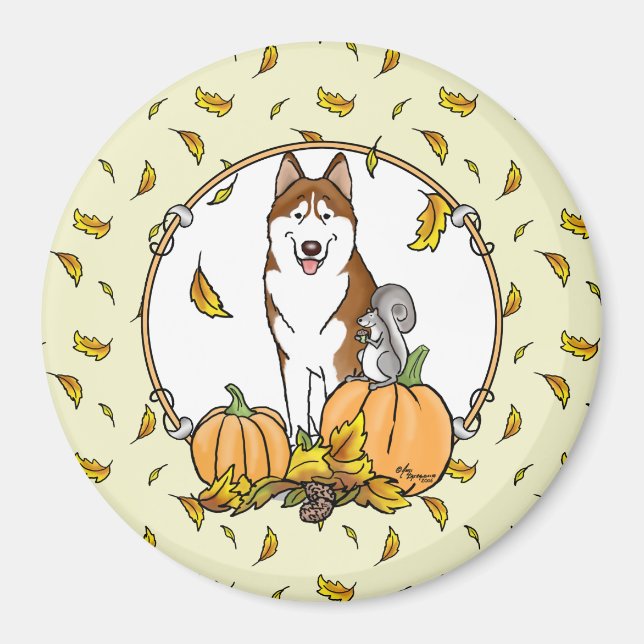 Fall Sibirischer Husky (rot) Pumpkins Blätter Nied Magnet (Vorne)
