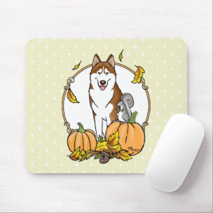 Fall Sibirischer Husky (rot) Pumpkins Blätter Nied Mousepad