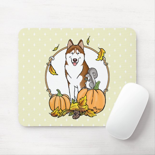 Fall Sibirischer Husky (rot) Pumpkins Blätter Nied Mousepad (Mit Mouse)