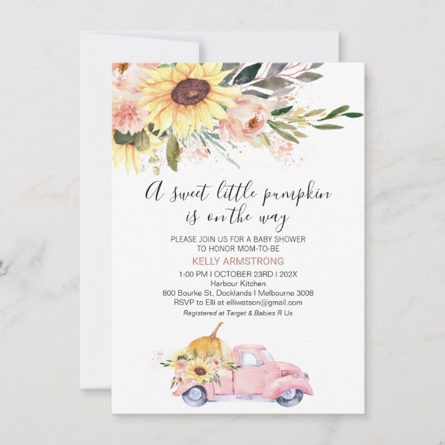 Fall Sonnenblumen Floral Pumpkin Truck Baby Dusche Einladung (Vorderseite)