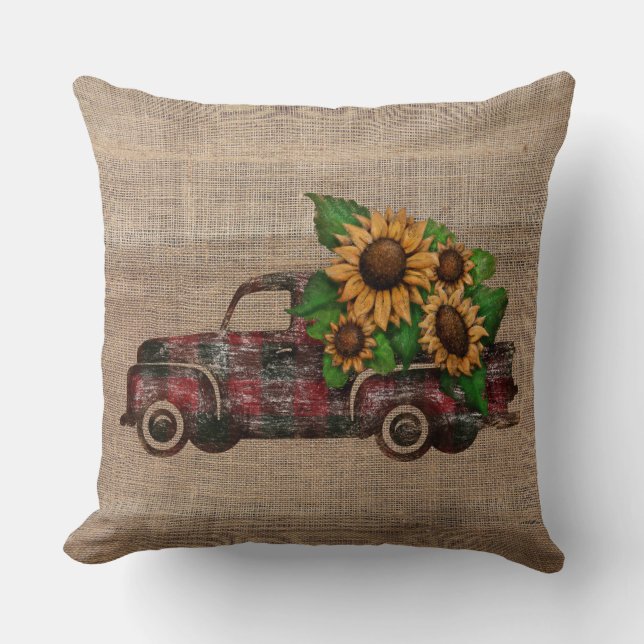 Fall Sonnenblumen im Vintagen Lieferwagen LKW Kissen (Vorderseite)