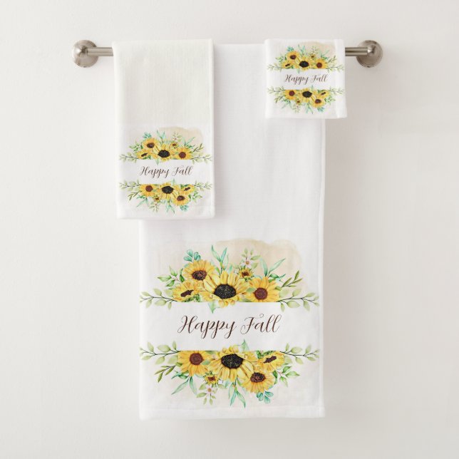 Fall Sonnenblumen Rahmen mit anpassbarem Text Badhandtuch Set (Insitu)
