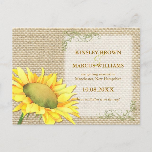 Fall Sonnenblumen Rustikale Burlap Hochzeit retten Ankündigungspostkarte (Vorderseite)