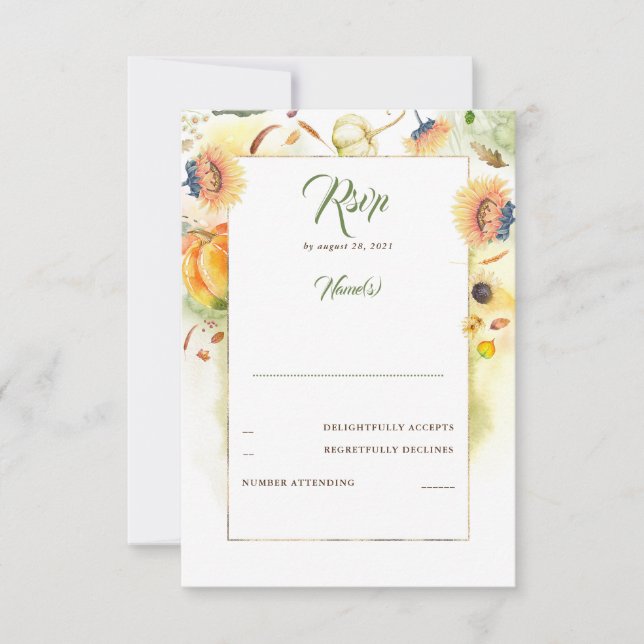 Fall Sonnenblumen und Pumpkins Hochzeit RSVP Karte (Vorderseite)