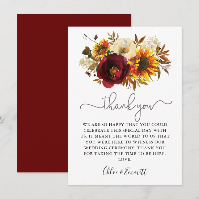 Fall Sunflower Burgundy Blumenhochzeit Dankeskarte (Vorne/Hinten)