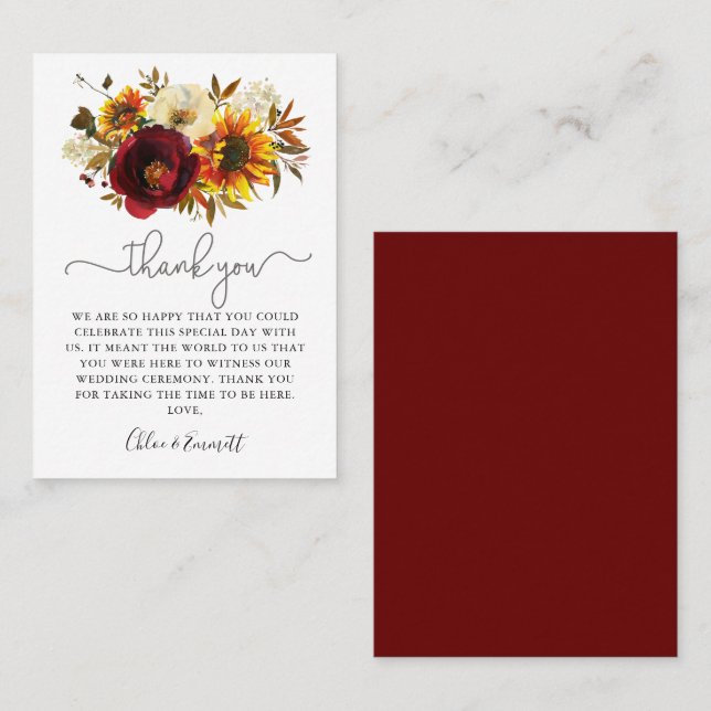 Fall Sunflower Burgundy Blumenzwiebelhochzeit Viel Platzkarte (Vorne/Hinten)