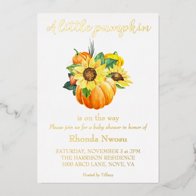 Fall Sunflower Pumpkin Gender Neutral Folieneinladung (Vorderseite)