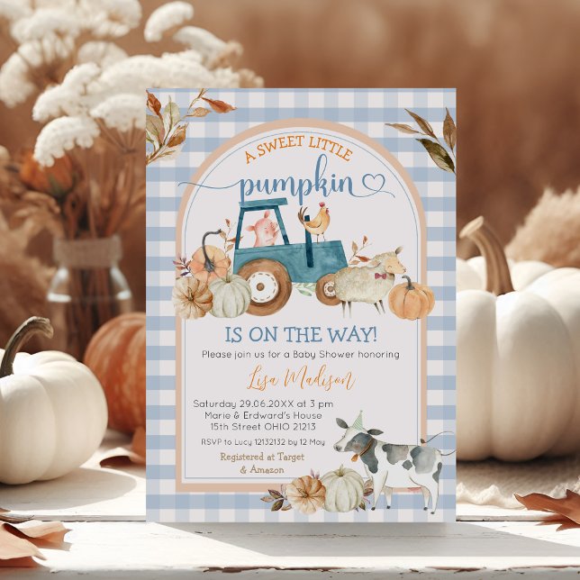 Fall Sweet Little Pumpkin Blue Gingham Baby Dusche Einladung (Von Creator hochgeladen)