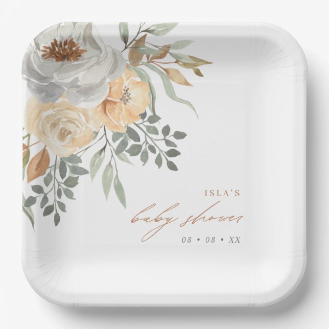 Fall Tan & Gray Floral Baby Dusche Pappteller (Vorderseite)