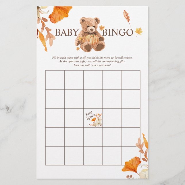 Fall Teddy Bear BINGO Babydusche Flyer (Vorne)