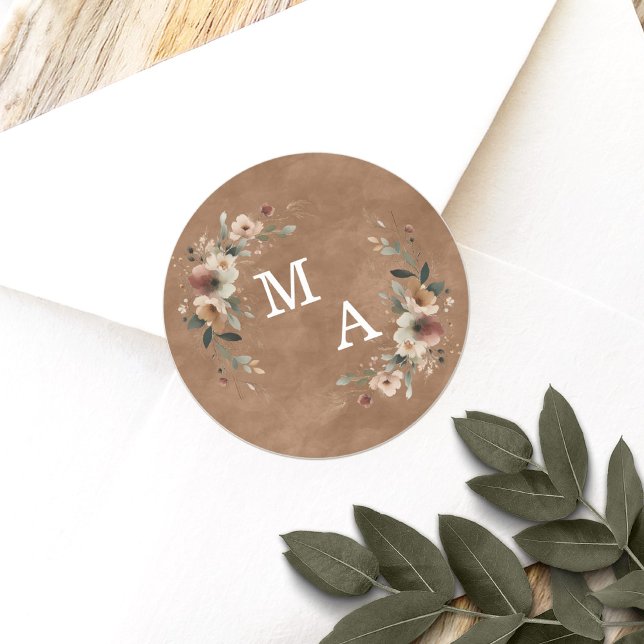 Fall Terracotta Blumenzauber Runder Aufkleber (Seal your wedding details with love using our custom monogram stickers, tailored for elegance.)