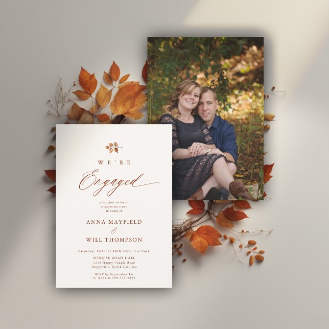 Fall Terracotta Moderne Verlobung Foto Einladung (fall engagement party invitation botanical leaf calligraphy terracotta elegant modern photo)