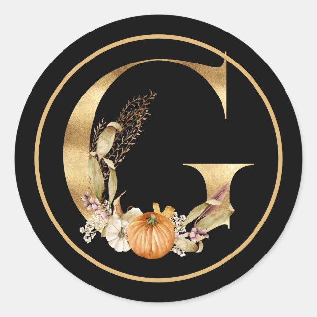 FALL THEMA GOLD MONOGRAM G MIT PUMPKINS RUNDER AUFKLEBER (Vorderseite)