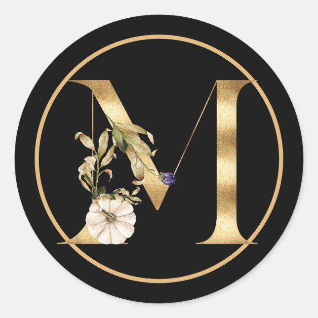 FALL THEMA GOLD MONOGRAM M MIT PUMPKINS RUNDER AUFKLEBER (Vorderseite)