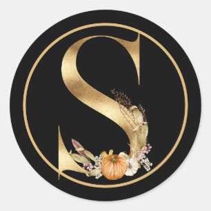FALL THEMA GOLD MONOGRAM S MIT PUMPKINS RUNDER AUFKLEBER