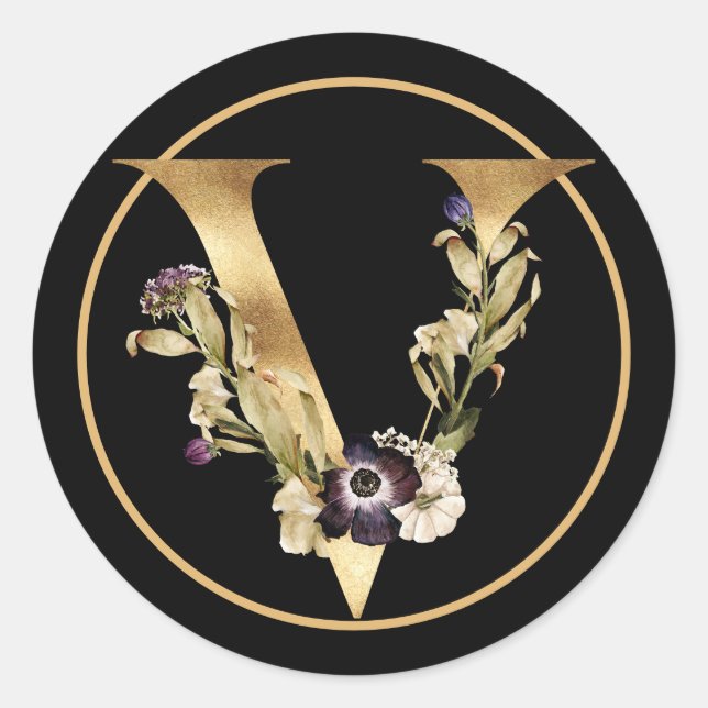 FALL THEMA GOLD MONOGRAM V MIT BLUME RUNDER AUFKLEBER (Vorderseite)