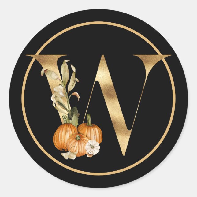 FALL THEMA MONOGRAM W MIT ORANGE PUMPKIN RUNDER AUFKLEBER (Vorderseite)