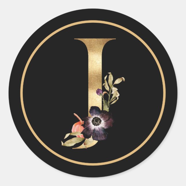 FALL THEME GOLD MONOGRAM J MIT FLORALISCHER VEREIN RUNDER AUFKLEBER (Vorderseite)