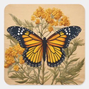 Fall Themed Monarch Butterfly auf Goldenrod Blume Quadratischer Aufkleber