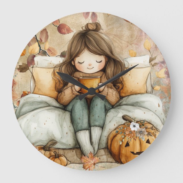 Fall Themed, Warm and Cozy Wall Clock Große Wanduhr (Vorderseite)