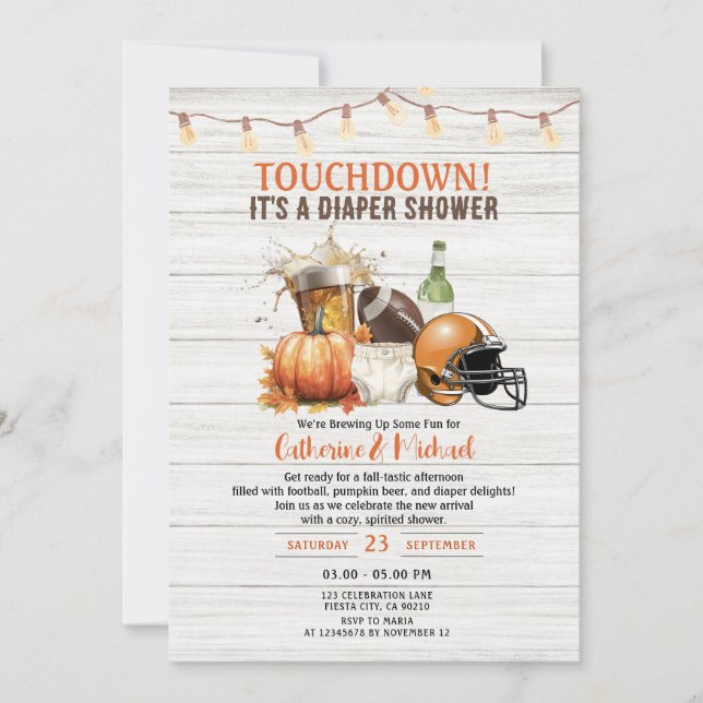 Fall Touchdown es ist ein Windeln Baby Dusche Bier Einladung (Vorderseite)
