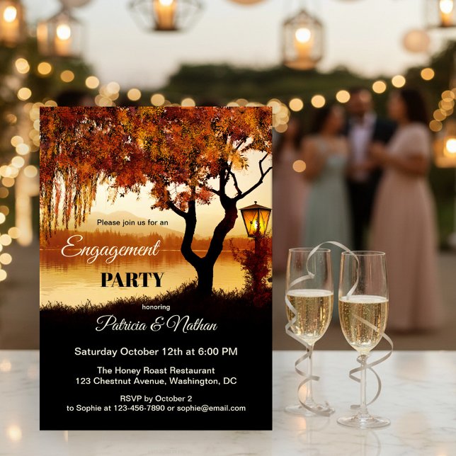 Fall Tree Lake View Verlobung Einladung (Engagement invitation featuring a colorful autumn tree and festive lantern overlooking a lake)