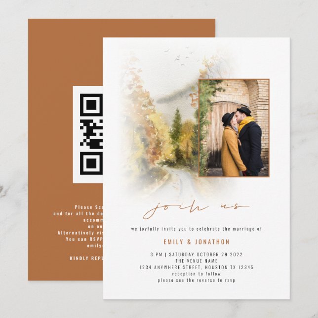 Fall Trees Foto QR Jos Us Terracotta Wedding Einladung (Vorne/Hinten)