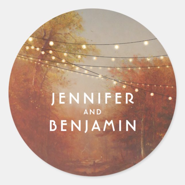 Fall Trees Park und String Lights Rustic Runder Aufkleber (Vorderseite)