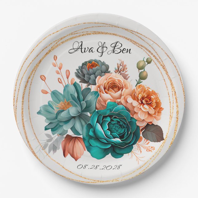 Fall Turquoise und Terracotta Peony Gold Wedge Pappteller (Vorderseite)