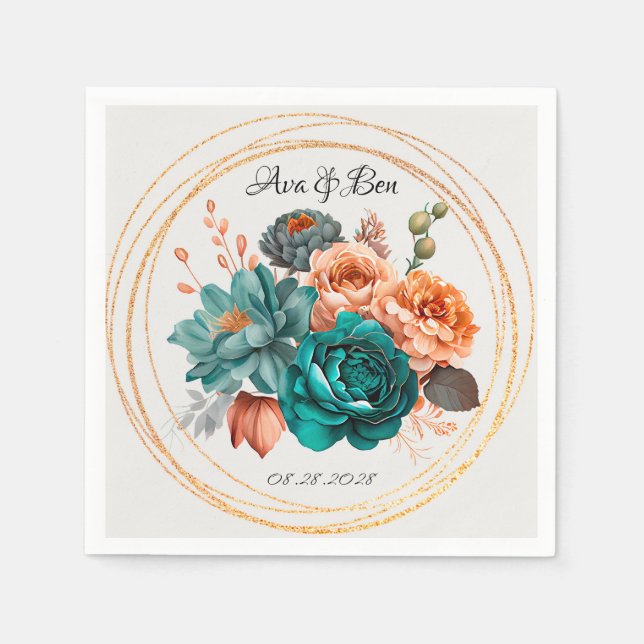Fall Turquoise und Terracotta Peony Gold Wedge Serviette (Vorderseite)