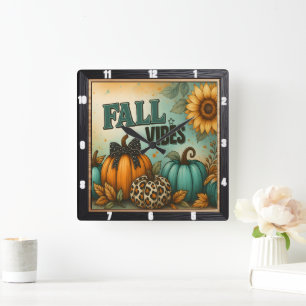 Fall Vibes Herbst Karierte Pumpkins Quadratische Wanduhr