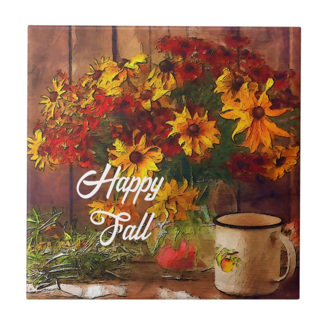Fall von Blume und Tasse mit anpassbarem Text Fliese (Vorderseite)