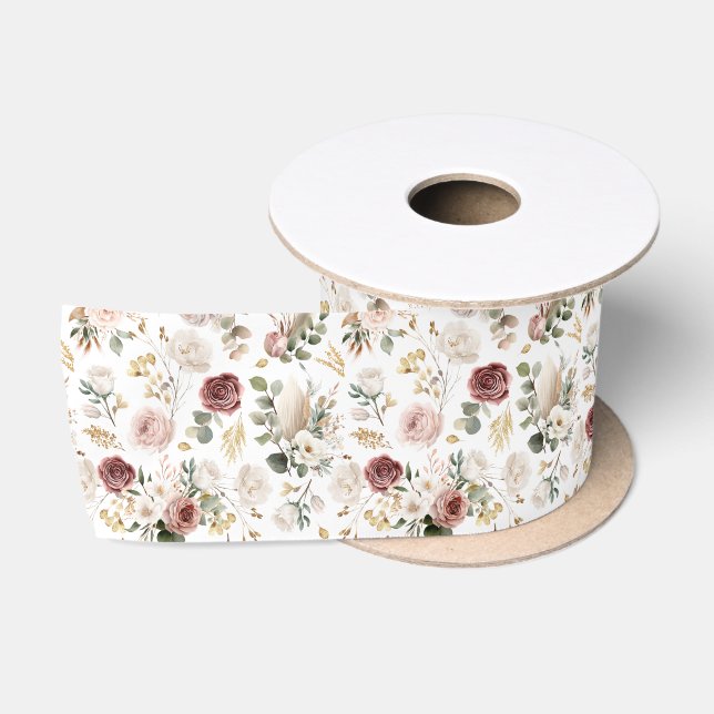 Fall Wasserfarbe Blumenband | Dusty Rose & Blush Satinband (Spule)