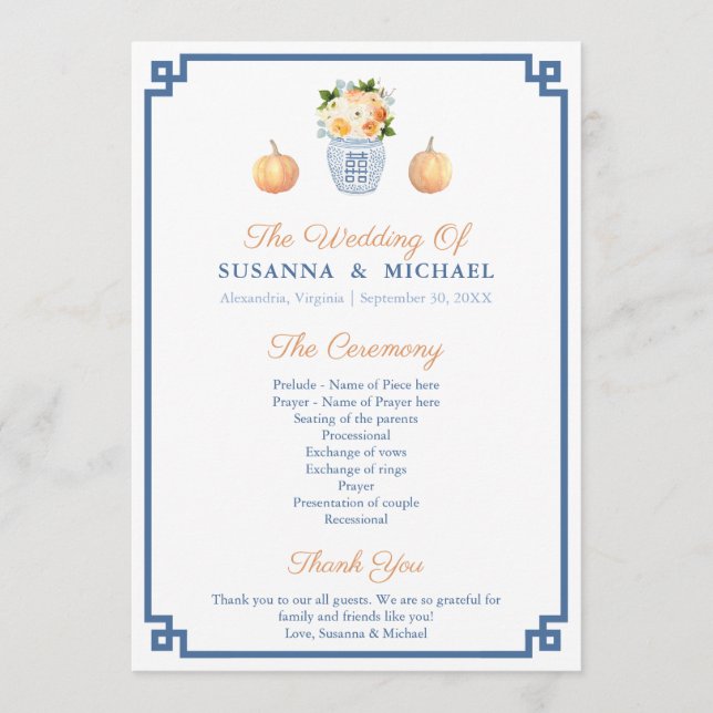 Fall Wasserfarbe Florals und Pumpkins Hochzeit Programm (Vorderseite)